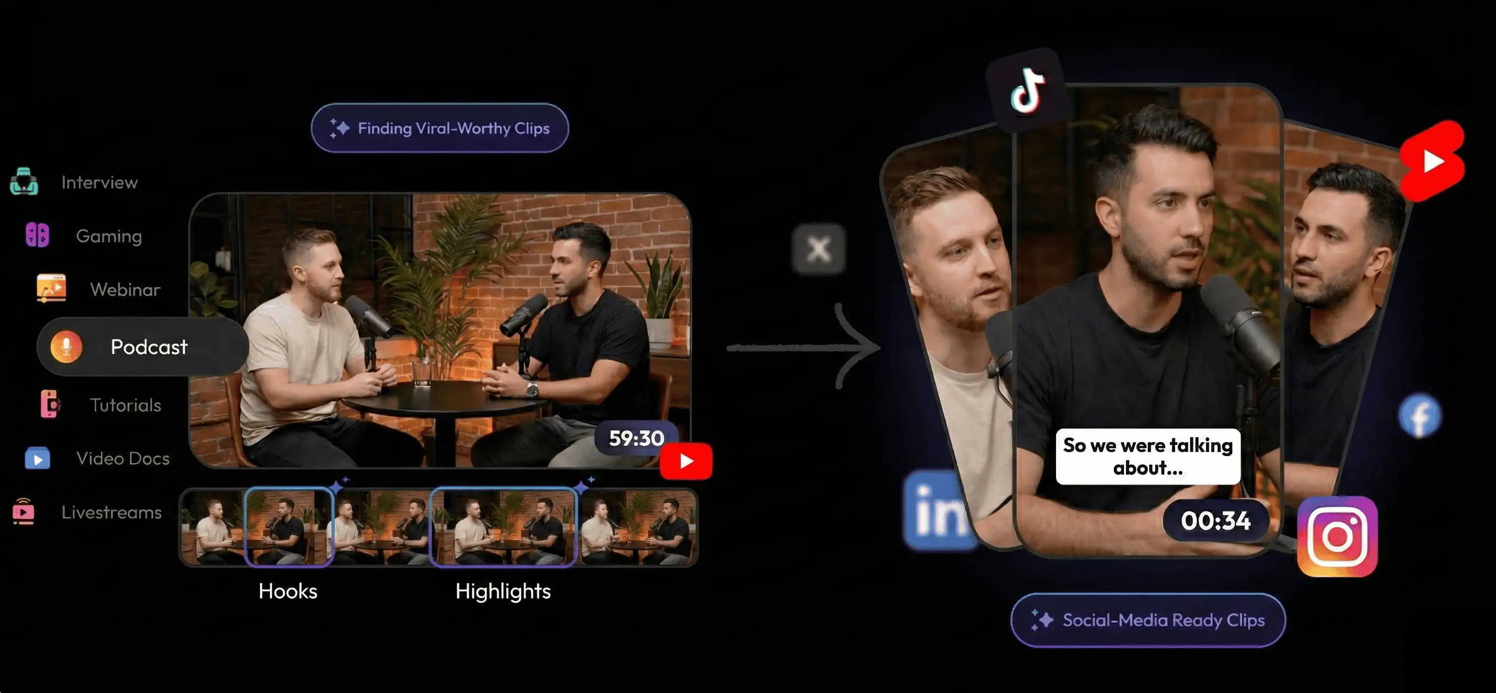 Reelify AI Dashboard - Timeline, sidebar, and viral clip categories showing real software interface